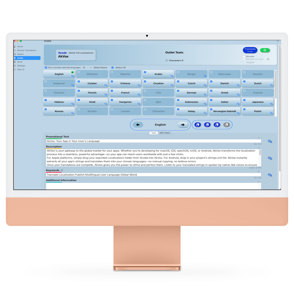 AkVox screen showing localized App Store Connect texts read to be copied to Apple's site